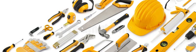 Construction work tools for building. Yellow hard hat with work equipment isolated on white background. Layout for home service