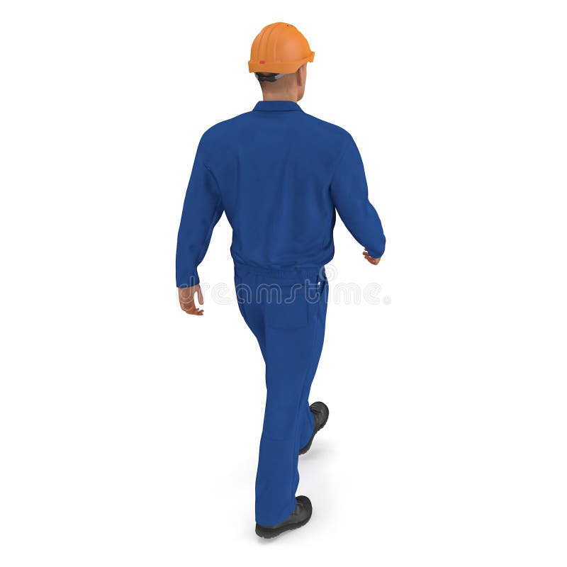 Construction Worker in Blue Coverall with Hardhat Standing Pose. 3D