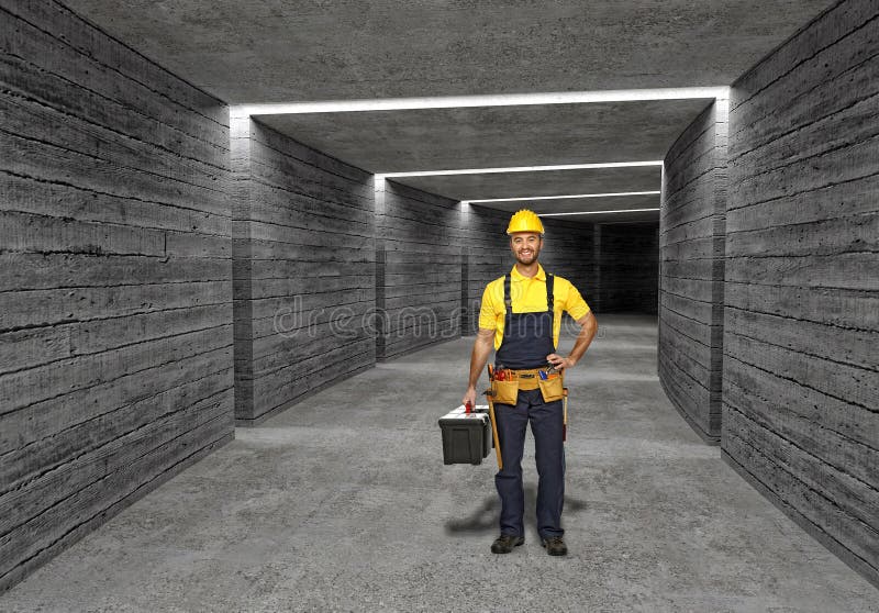 Construction Worker in Concrete Tunnel Background Stock Image Image