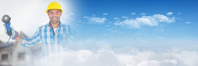 Construction Worker with drill in front of construction site with sky transition effect stock image Construction Worker with drill in front of construction site with sky transition effect stock image