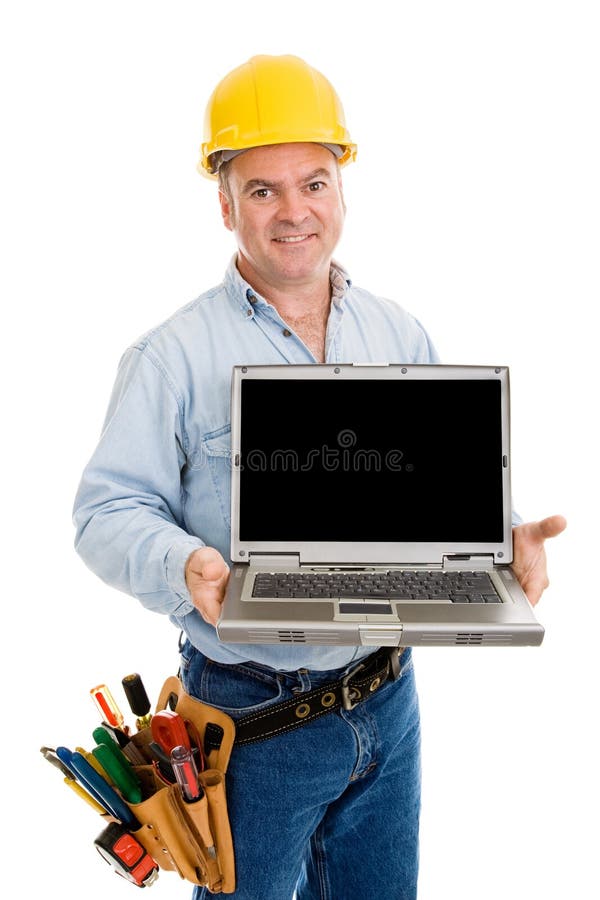 Construction Worker Friendly & Laptop stock photo Construction Worker Friendly & Laptop stock photo