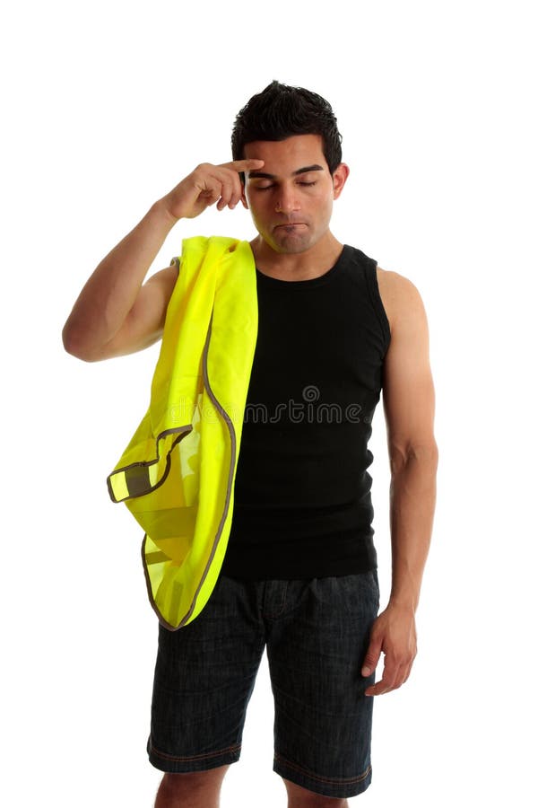 Construction worker headache, dilemma stock photos Construction worker headache, dilemma stock photos