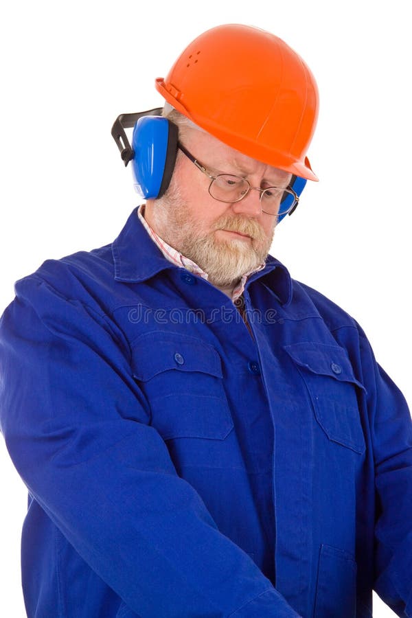 Construction Worker with Hearing Protection Stock Photo Image of