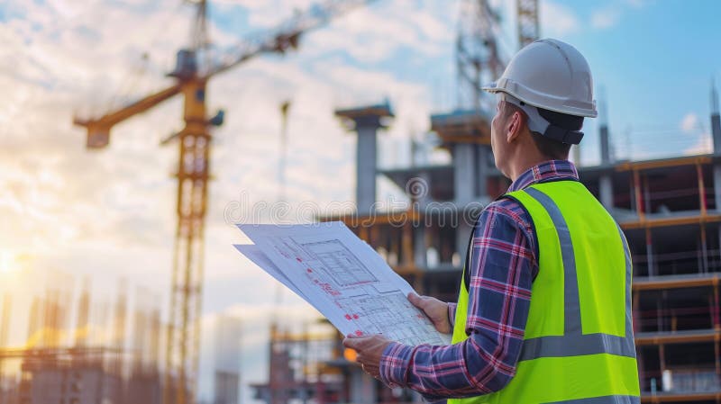 Construction worker in high-visibility clothing with hard hat at building site. AIG41 stock photos
