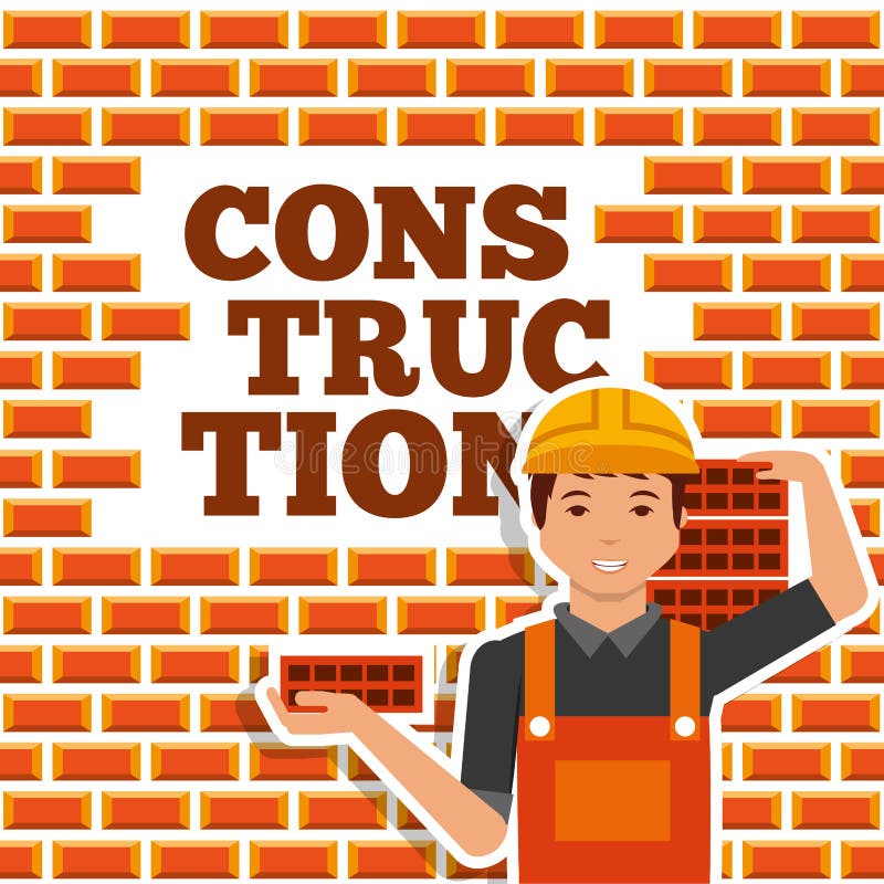 Construction worker holding brick and wall vector illustration