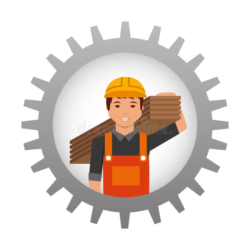 Construction worker holding wooden inside gear vector illustration