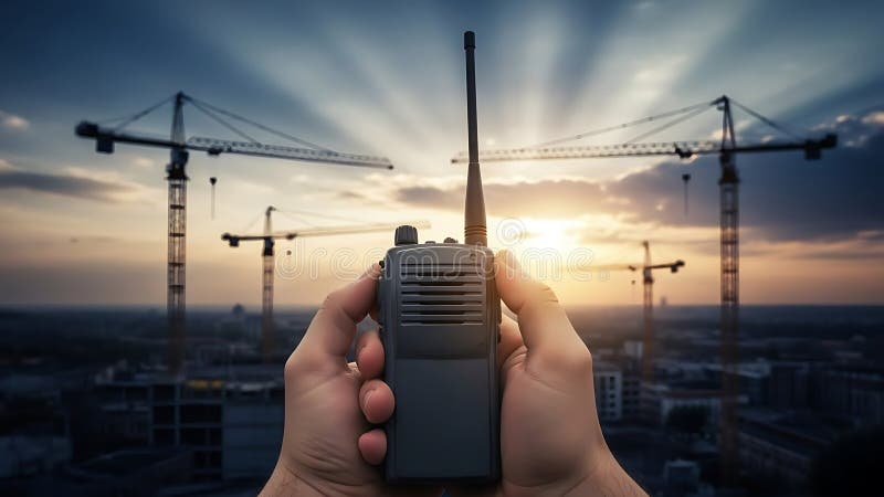 Construction worker holds two way radio communicator against sunset backdrop with city cranes in background royalty free stock photos