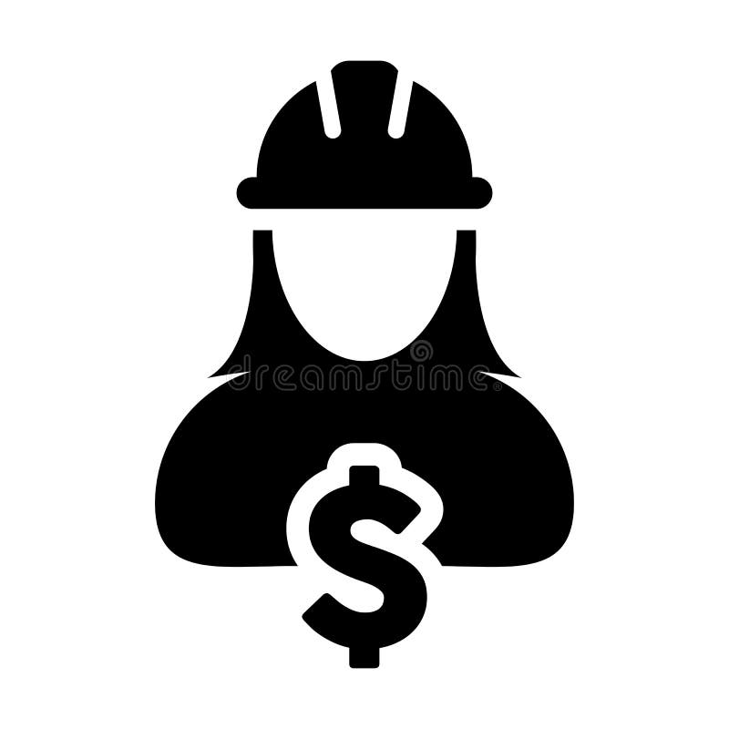 Construction Worker Icon Vector Dollar Sign with Female Person Profile Avatar With Hardhat Helmet in Glyph Pictogram illustration