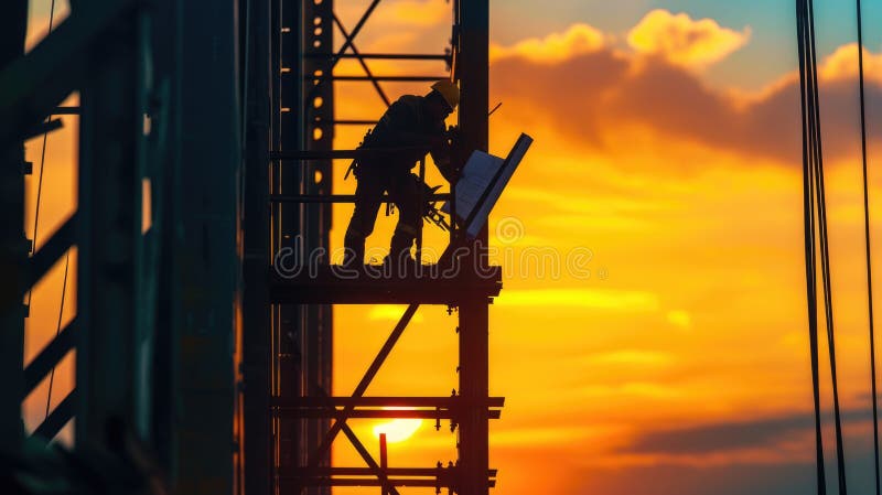 Construction Worker Inspecting Blueprints at Dawn AIG41 stock photo