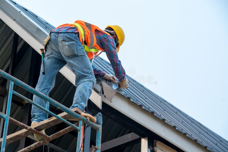 Construction Worker Install New Roof,Roofing Tools,Roofer Working on