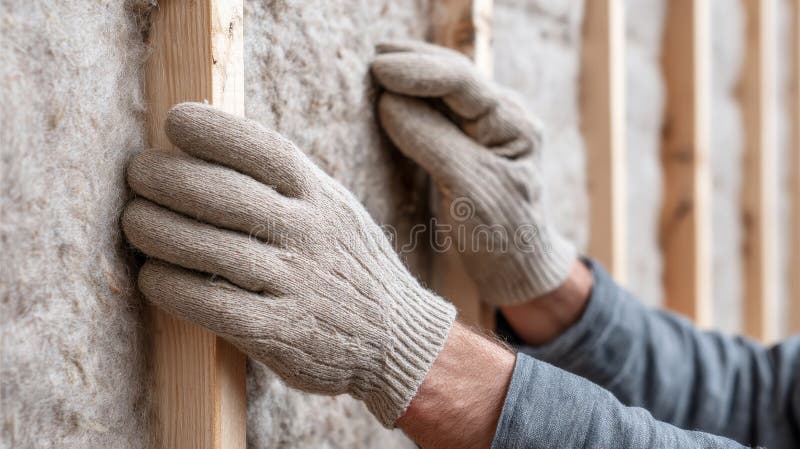 Construction worker is installing eco friendly insulation panels made from recycled denim in a wall frame, sustainable building stock photos