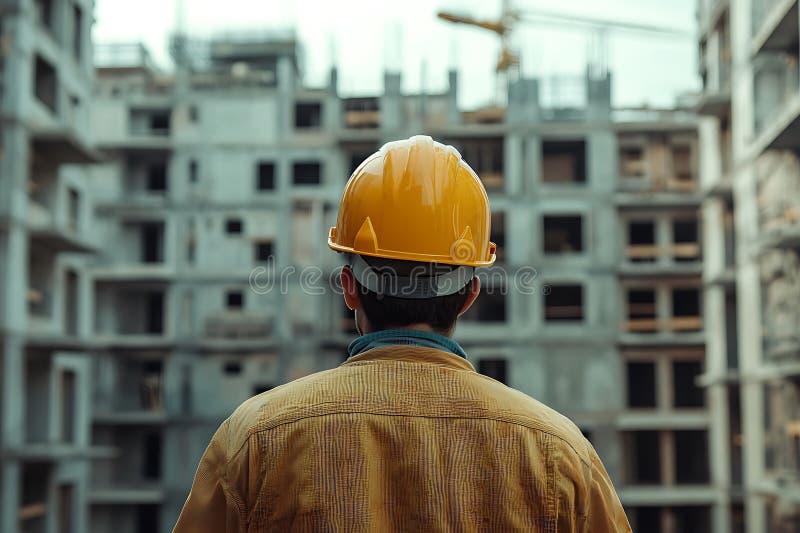 Construction Worker Looking at Building vector illustration
