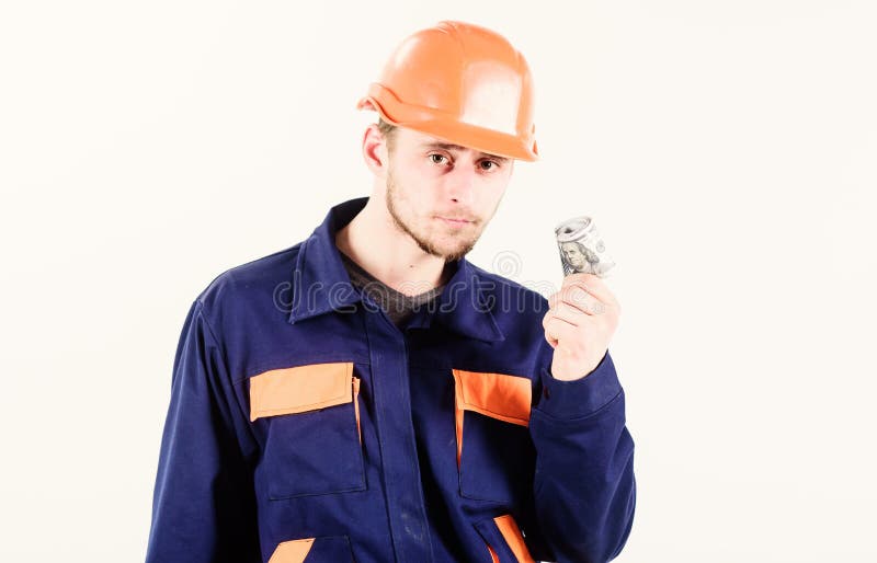 Construction Worker Making Money or Being Paid on White Background