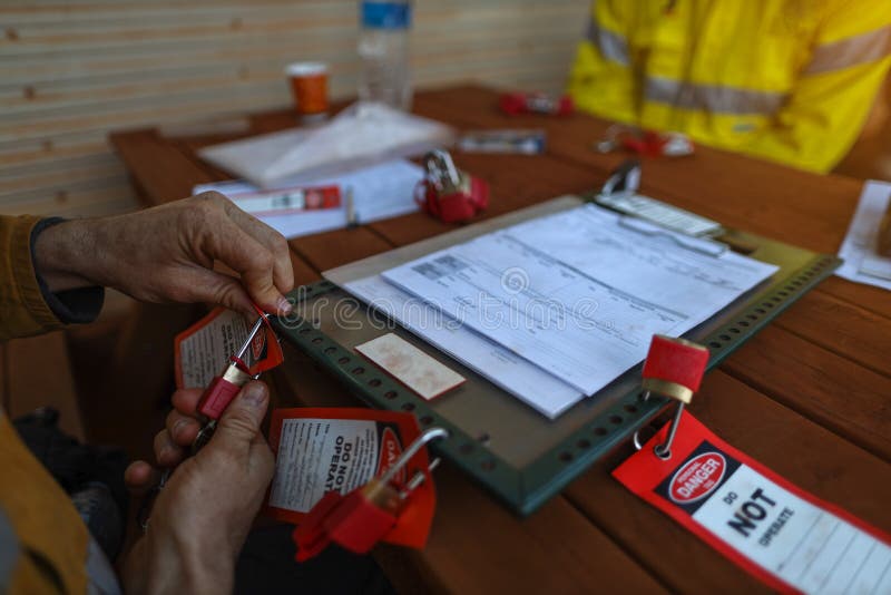 Construction worker placing personal red danger lock which is attached together with danger tag into isolation safety control lock