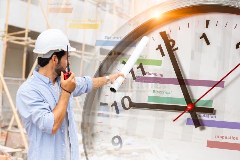 Construction worker with schedule project timeline and working time clock for control timing punctual building process concept