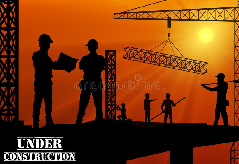 Construction worker silhouette on the work place at dusk stock illustration