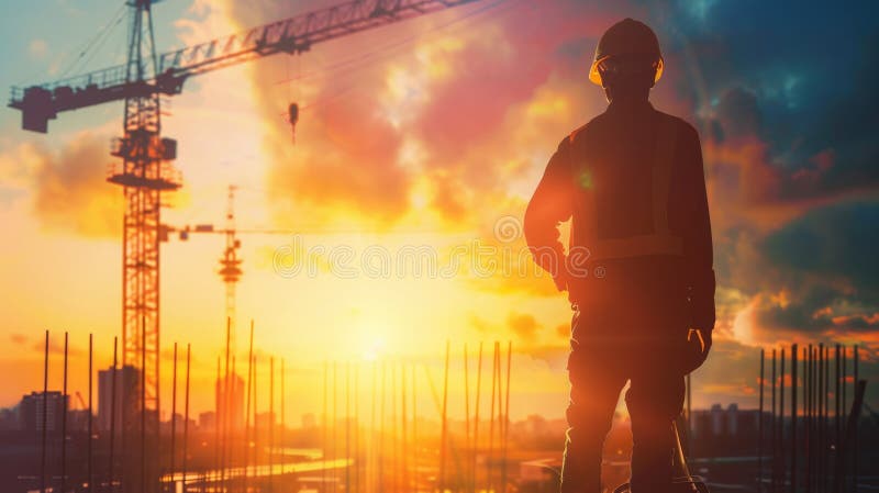 Construction worker standing on a building site looking at the sunset AIG535 royalty free stock photo