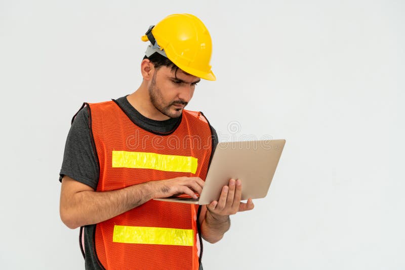 Construction worker standing on white background. stock image