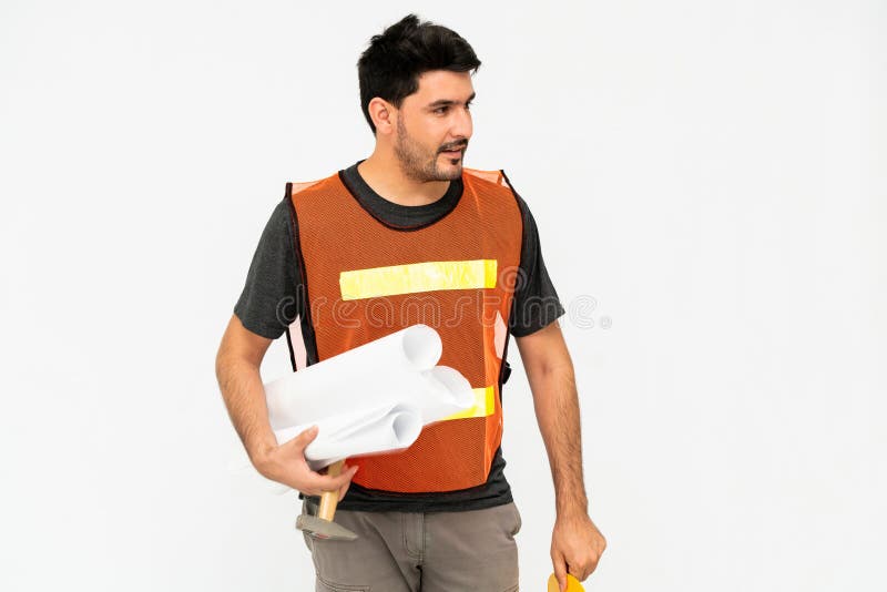 Construction worker standing on white background. royalty free stock photo