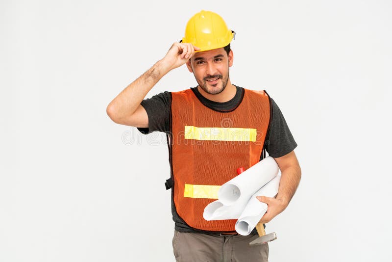 Construction worker standing on white background. stock image