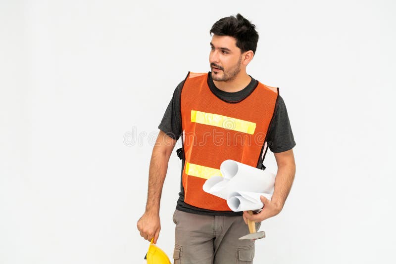 Construction worker standing on white background. royalty free stock image