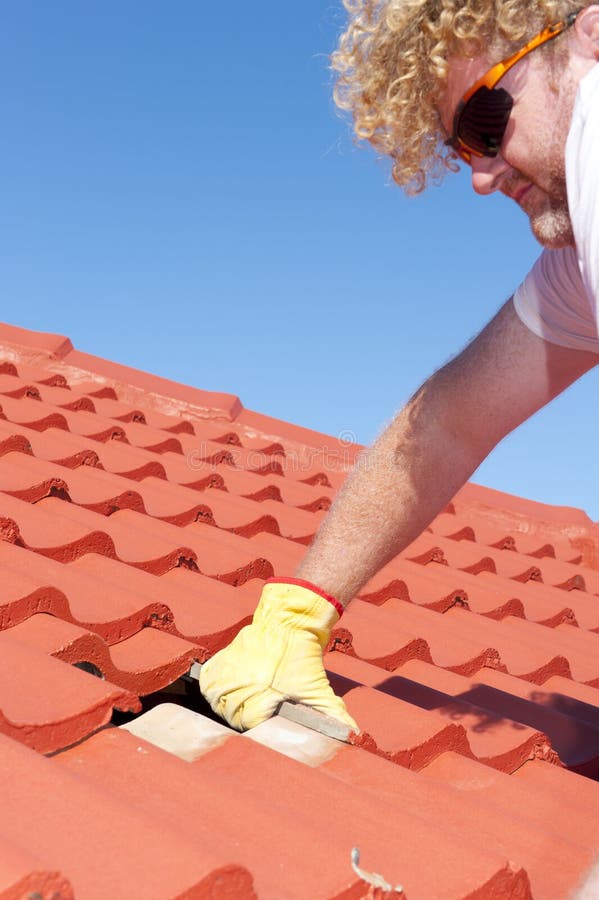Construction Worker Tile Roofing Repairs Stock Photo Image of house
