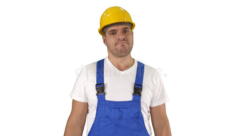 Construction worker unhappy about the result of the work Being disappointed on white background. royalty free stock photography