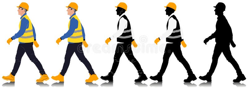 Construction worker walking wearing helmet and vest. Different color options. Vector illustration isolated on white vector illustration