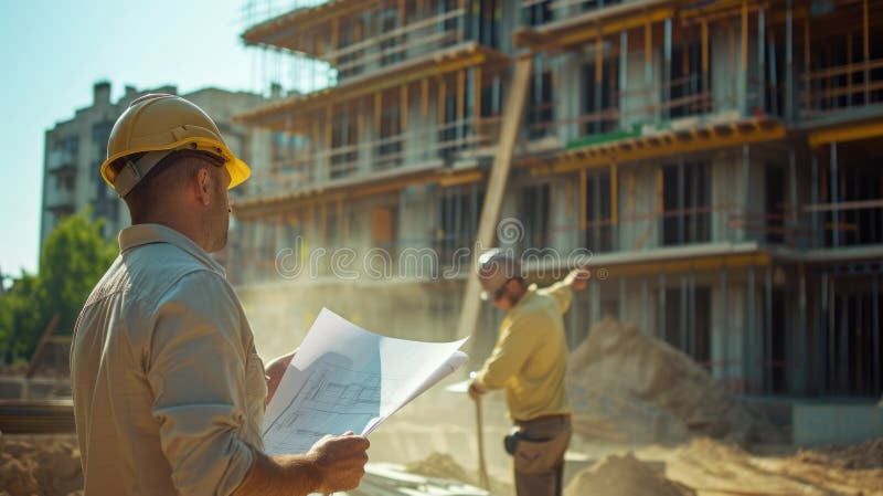 Construction worker wearing a hard hat at a building site. AIG41 royalty free stock photos