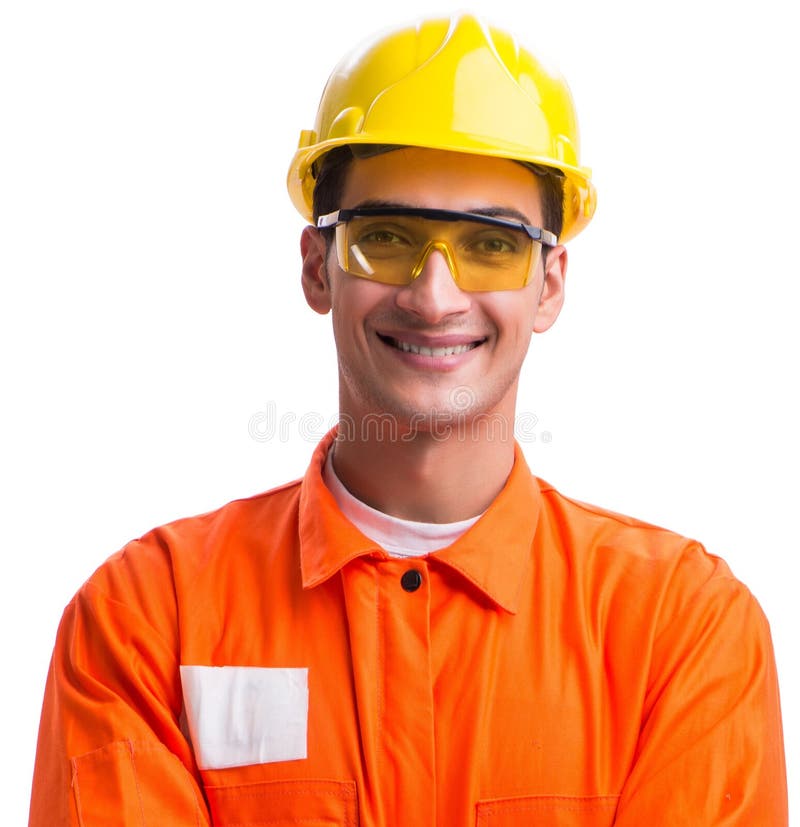 Construction Worker Wearing Hard Hat Isolated on White Stock Image Image of helmet, isolated