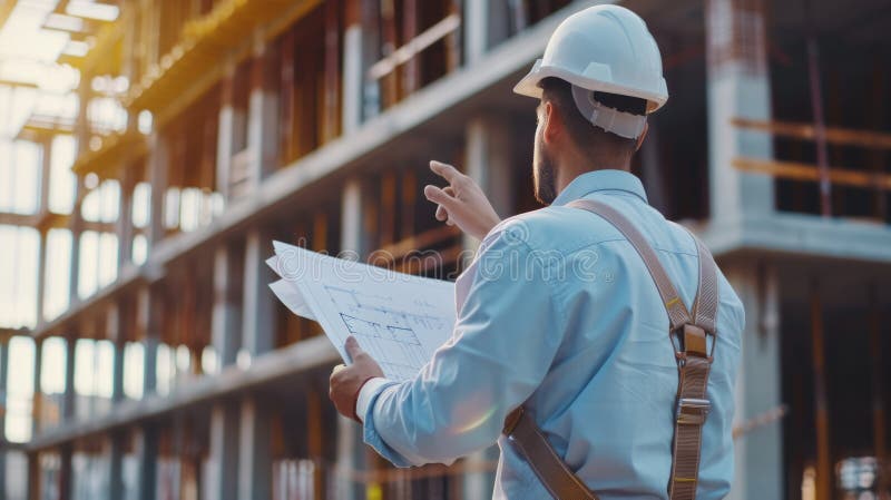 Construction worker wearing a hard hat at a building site. AIG41 royalty free stock photography