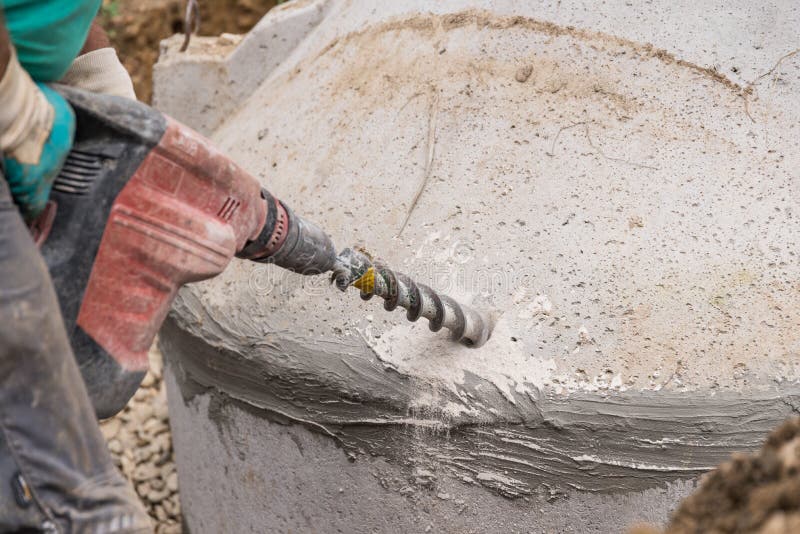 Construction Worker Works with a Hammer Drill Stock Image Image of