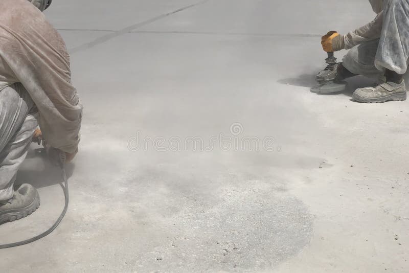 Construction Workers are Grinding Concrete Surface Stock Photo Image