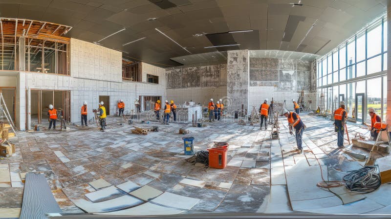 Construction workers laying tiles in a large space vector illustration