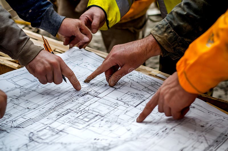 Construction Workers Reviewing Blueprint stock illustration