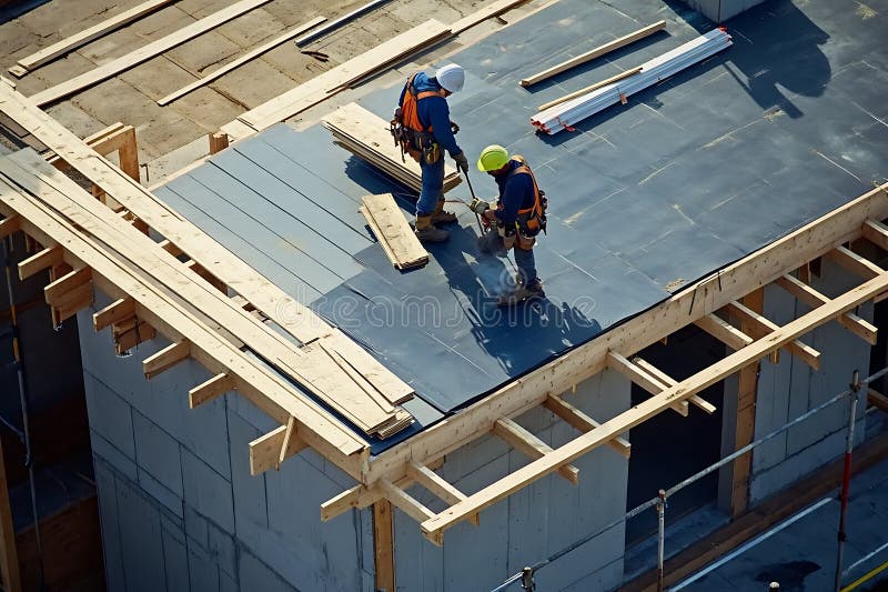 Construction Workers on a Rooftop stock illustration