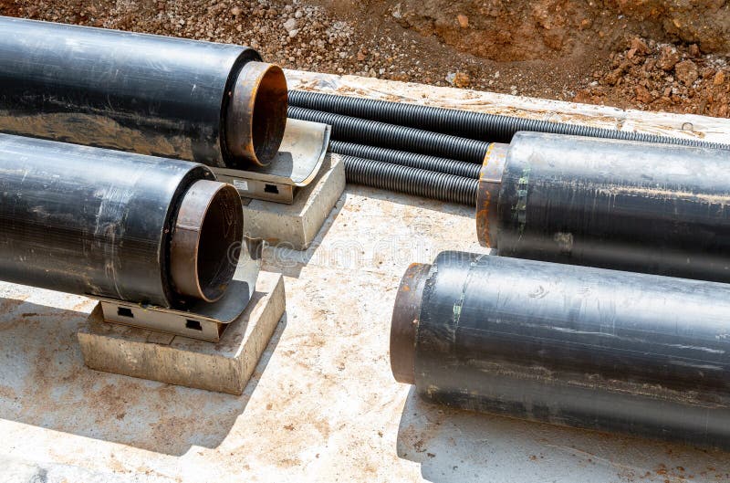 Construction works on large iron pipes at a depth of excavated trench royalty free stock photos