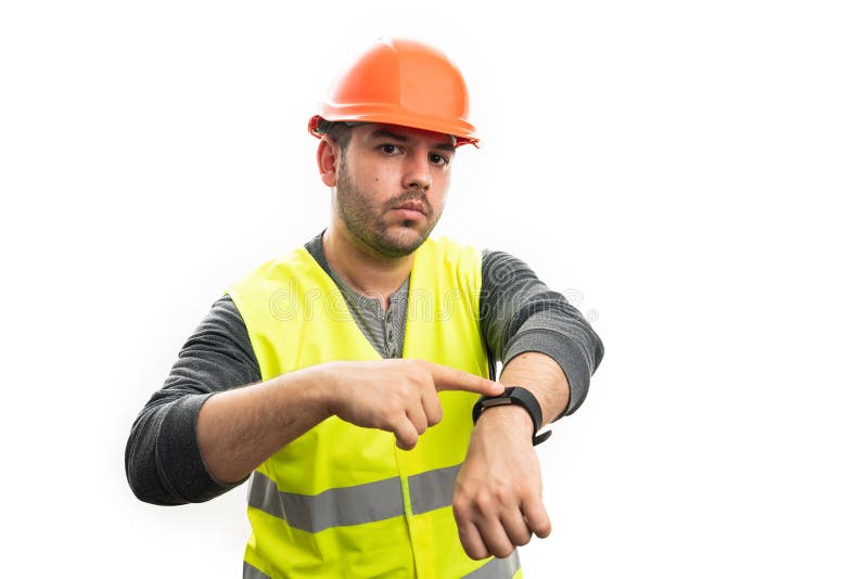 Constructor Man Pointing Index Finger at Smart Watch on Wrist