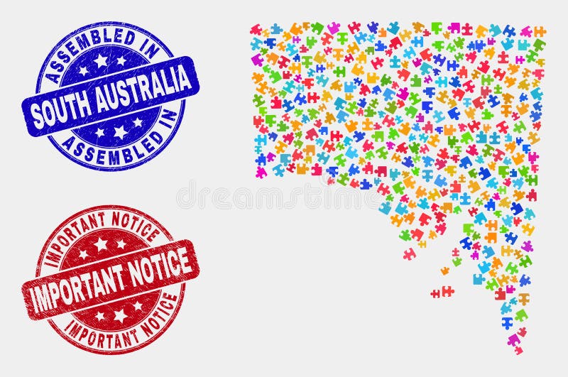 Module South Australia Map and Grunge Assembled and Important Notice Stamps vector illustration