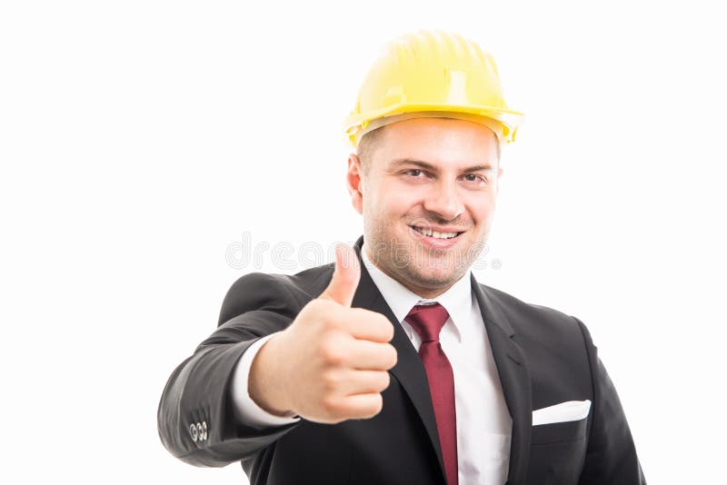 Constructor wearing suit and hardhat showing like gesture stock image