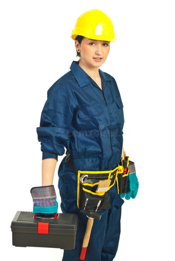 Constructor worker female holding container isolated on white background. Constructor worker female holding container isolated on white background