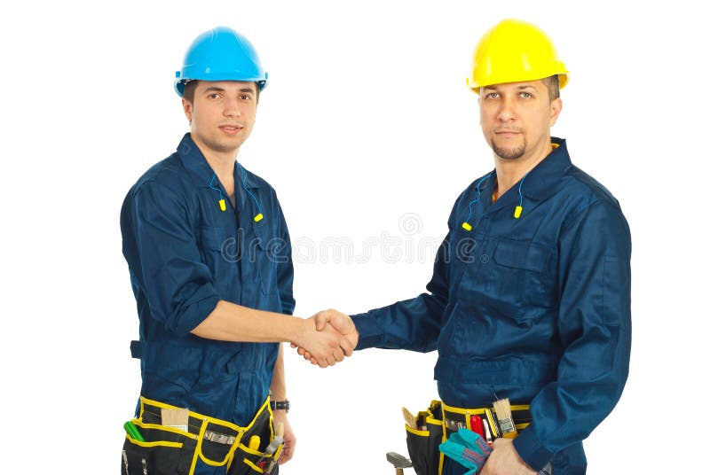 Team of constructor workers giving handshake isolated on white background. Team of constructor workers giving handshake isolated on white background
