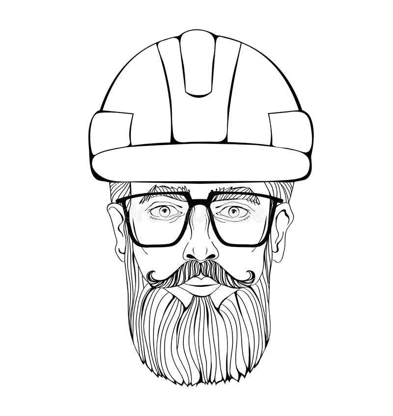 Construtor, trabalhador industrial A cara de um homem farpado com vidros em um capacete da construção Ilustração do vetor ilustração stock Construtor, trabalhador industrial A cara de um homem farpado com vidros em um capacete da construção Ilustração do vetor ilustração stock