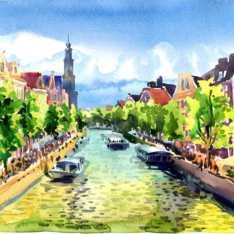 Construções e barcos velhos tradicionais no canal de Amsterdão, paisagem, Holanda, Países Baixos, Europa, ilustração da aquarela ilustração do vetor Construções e barcos velhos tradicionais no canal de Amsterdão, paisagem, Holanda, Países Baixos, Europa, ilustração da aquarela ilustração do vetor