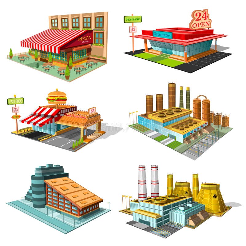 Construções isométricas ajustadas do café, pizaria, hotel, supermercado, fábrica, central nuclear isolado ilustração stock Construções isométricas ajustadas do café, pizaria, hotel, supermercado, fábrica, central nuclear isolado ilustração stock
