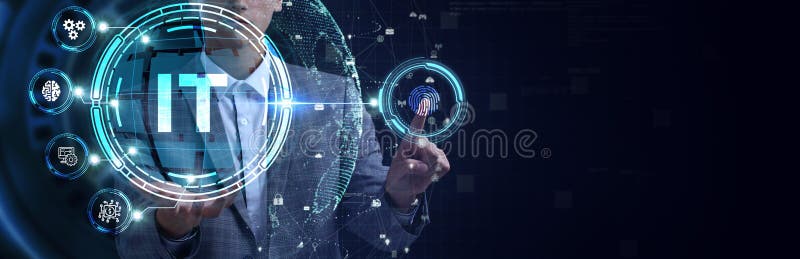 IT consultant presenting tag cloud about information technology royalty free stock images