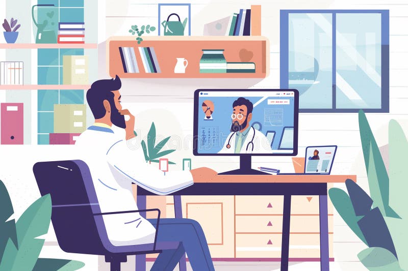 A man consults with his doctor via a computer about his cold, seeking medical advice from the comfort of his home office. AI generated. A man consults with his doctor via a computer about his cold, seeking medical advice from the comfort of his home office. AI generated