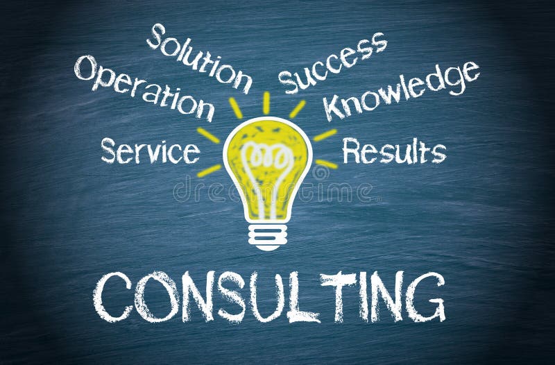 Consulting illustration. A conceptual illustration of consulting, light bulb and related words on a blackboard vector illustration Consulting illustration. A conceptual illustration of consulting, light bulb and related words on a blackboard vector illustration