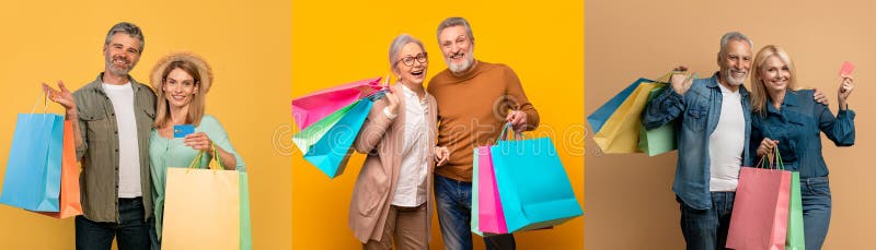 Consumatori felici che si divertono con borse colorate durante l'evento di vendita del venerdì nero fotografie stock libere da diritti