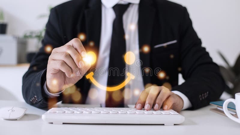 The consumer answered the survey in a conceptual way. Customer creates a happy face smiling symbol using a digital pen. The notion stock illustration